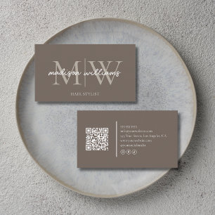Monogramm-Friseur-QR-Code Taupe Visitenkarte
