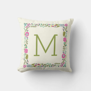 Monogramm-Frühlingsblumenrand modern aqua, rosa Kissen