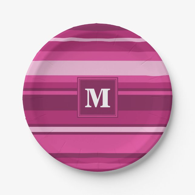 Monogramm Fuchsienstreifen Pappteller (Vorderseite)