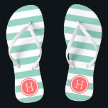 Monogramm für Aqua- und Korallenpflaster Flip Flops<br><div class="desc">Maßgeschneiderte,  bedruckte Flop-Sandalen mit einem preppy-nautical-Stripe-Muster und einem eigenen Monogramm oder einem anderen Text in einem Circle-Rahmen. Klicken Sie auf Anpassen,  um Schriftart und Farben zu ändern oder eigene Bilder hinzuzufügen,  um ein einzigartiges Design zu erstellen!</div>