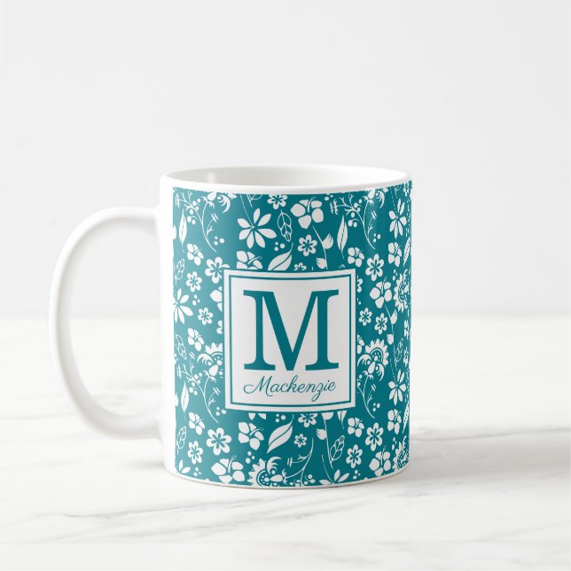 Monogramm für Aquamarine tropische Blume Kaffeetasse (Links)