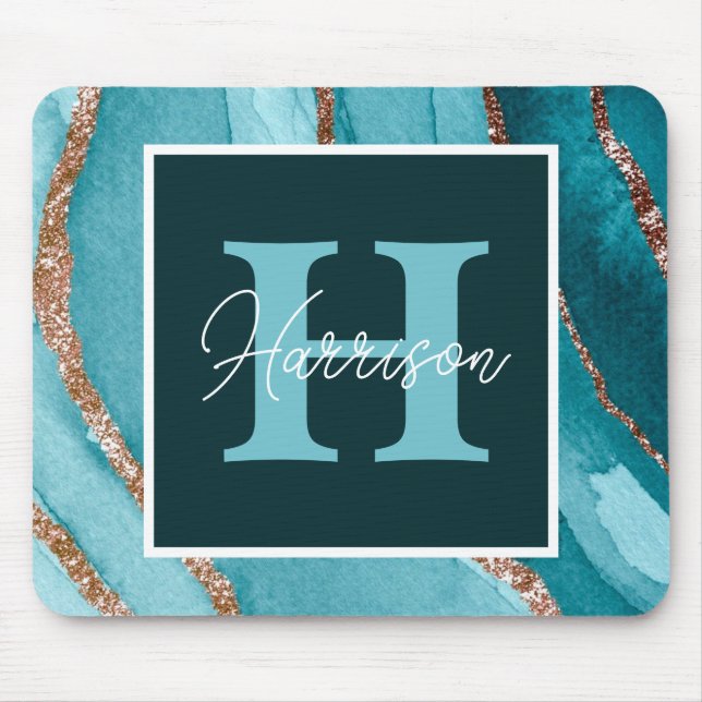 Monogramm für aquamarine und goldene Glitzer Alkoh Mousepad (Vorne)