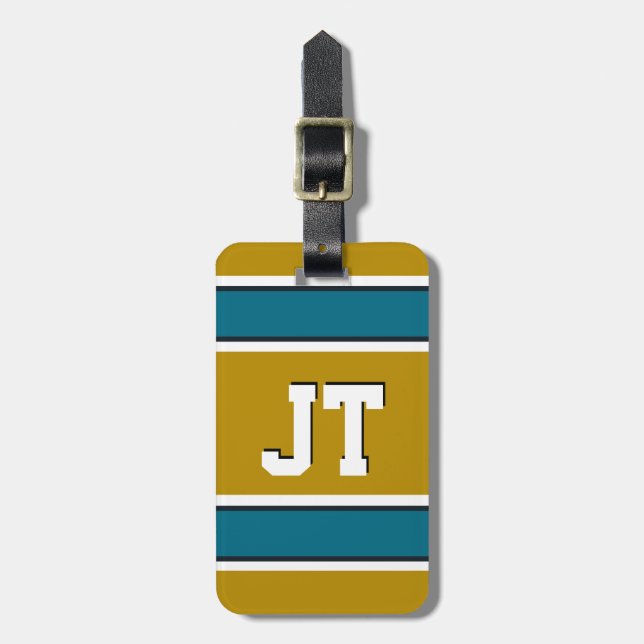 Monogramm für aquamarine und goldene Streifen Gepäckanhänger (Vorderseite vertikal)