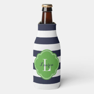 Monogramm für blaue und grüne Preppy-Streifen Flaschenkühler
