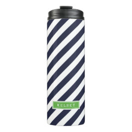 Monogramm für blaue und grüne Preppy-Streifen Thermosbecher