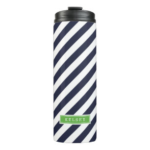 Monogramm für blaue und grüne Preppy-Streifen Thermosbecher