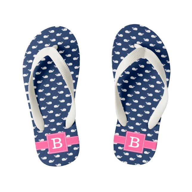 Monogramm für blaue und rosa Whalen Square Kinderbadesandalen (Fußbett)