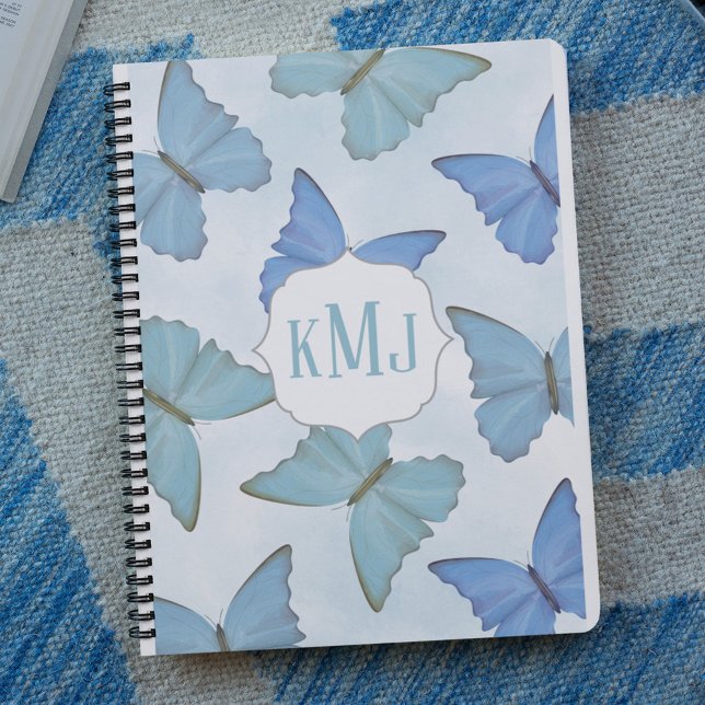 Monogramm für blaue Wasserfarben Notizbuch (Botanical blue butterflies in deep blue, teal and light blue. )