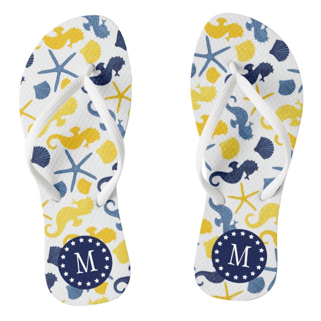 Monogramm für blaues und goldenes Seepferd Flip Flops (Fußbett)