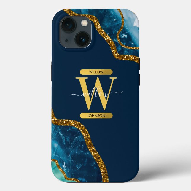 Monogramm für Blue & Gold Agate Geode Case-Mate iPhone Hülle (Rückseite)