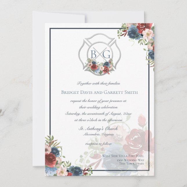 Monogramm für Burgunder und Blumenflora-Feuerwehre Einladung (Vorderseite)