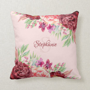 Monogramm für Burgundy Blush Floral Name Kissen