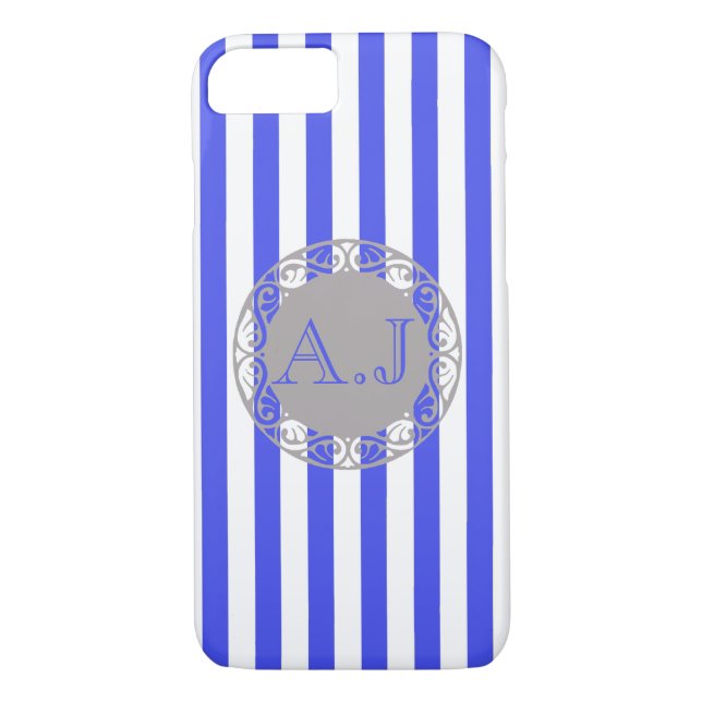 Monogramm für cooles blaues Streifen Case-Mate iPhone Hülle (Rückseite)