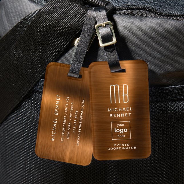Monogramm für das benutzerdefinierte Logo, Kupfer, Gepäckanhänger (Custom Logo Monogram Copper Brown Brushed Metal Luggage Tag)