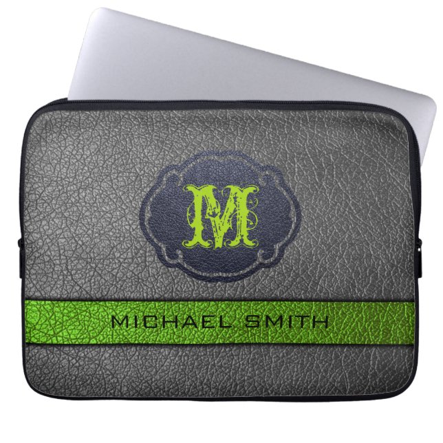 Monogramm für das grüne und das graue Leder Laptopschutzhülle (Vorderseite)