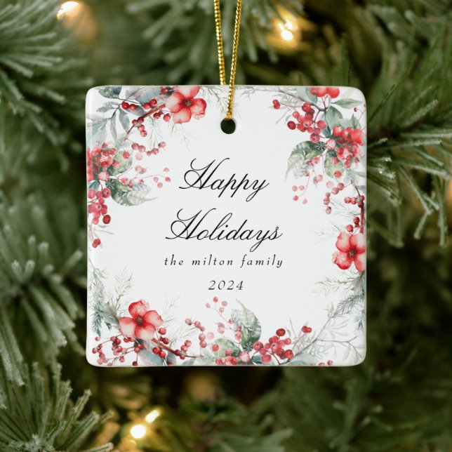Monogramm für das klassische Holiday Berries-Foto Keramikornament (Baum)