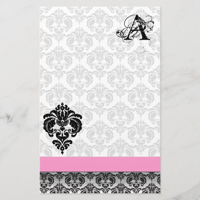 Monogramm für das rosa schwarze Ribbon-Damaskop-Pa Briefpapier (Vorderseite)
