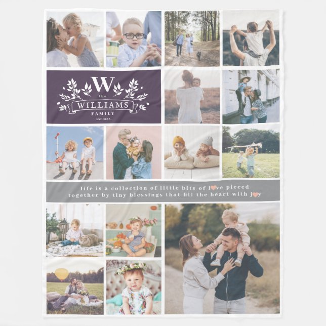 Monogramm für den Familiennamen | 15 FotoCollage Fleecedecke (Vorderseite)