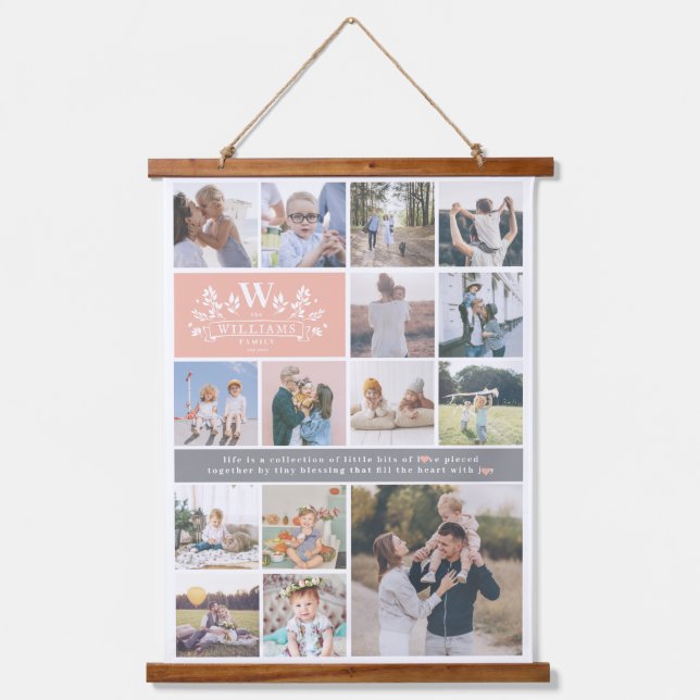 Monogramm für den Familiennamen | 15 FotoCollage Wandteppich Mit Holzrahmen (Vorderseite)