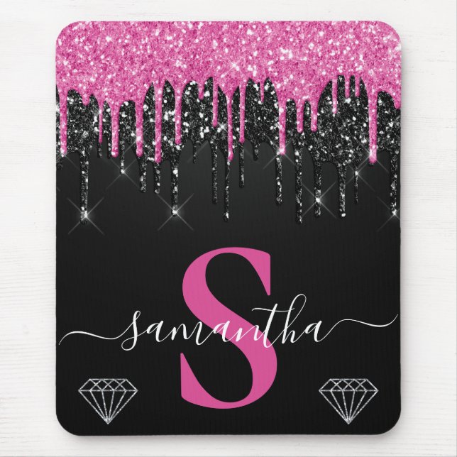 Monogramm für den Glitzer "Hot Pink & Black Drilli Mousepad (Vorne)
