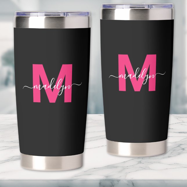 Monogramm für den heißen rosafarbenen schwarzen Na Thermobecher (Hot Pink Black Name Monogram Insulated Tumbler)