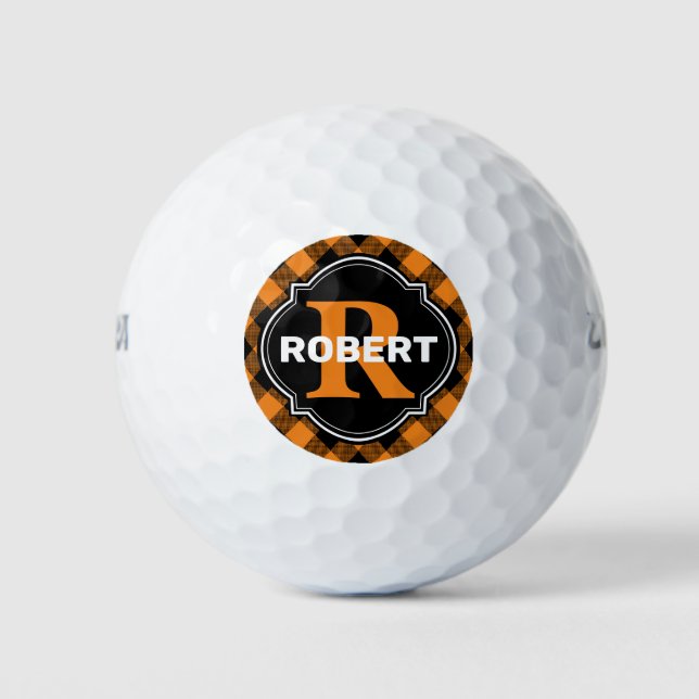 Monogramm für den Karierten Namen Orange und Black Golfball (Vorderseite)