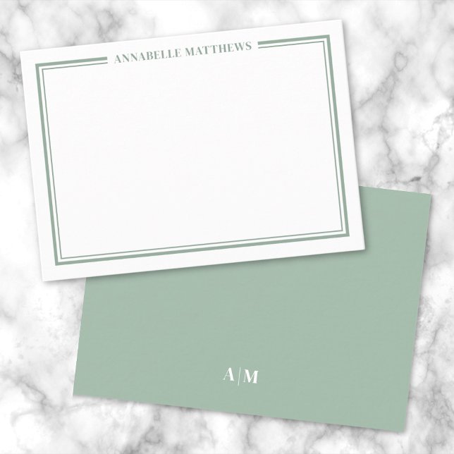 Monogramm für den Minimalistischen Namen der grüne Mitteilungskarte (Green Border Minimalist Name Monogram Note Card)