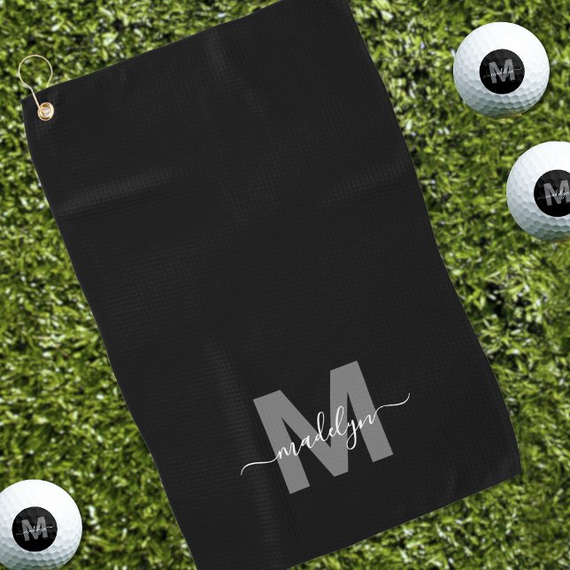 Monogramm für den Schwarz-weißen Anfangsnamen Golfhandtuch (Black White Initial Name Monogram Golf Towel)