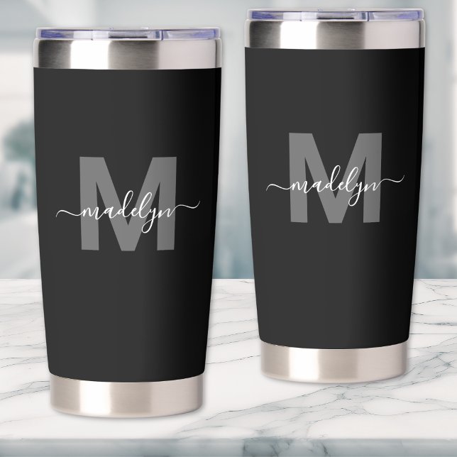 Monogramm für den Schwarz-weißen modernen Namen Thermobecher (Black White Modern Name Monogram Insulated Tumbler)