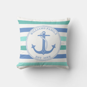 Monogramm für die blaue Aquamarin Stripe-Familie Kissen
