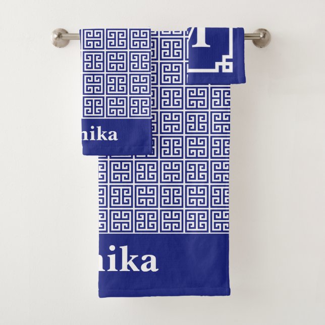 Monogramm für die blaue griechische Schlüsselgrenz Badhandtuch Set (Insitu)