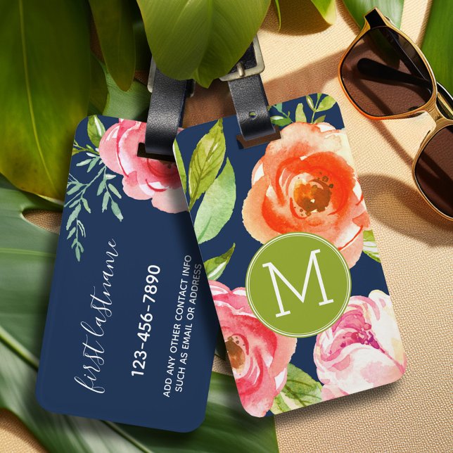 Monogramm für die Blume Navy und Painted Watercolo Gepäckanhänger (Personalized luggage tag with monogram - contact info on back)