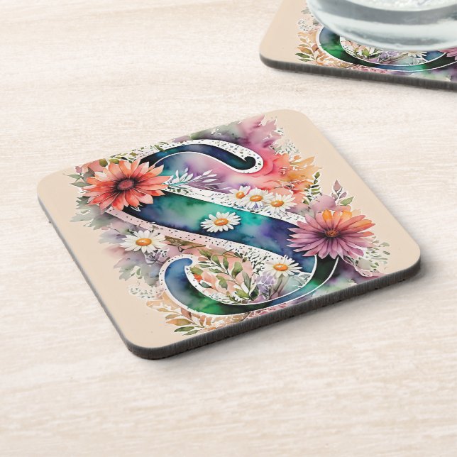 Monogramm für die Blume Pastell und Juwel Tone Getränkeuntersetzer (Linke Seite)