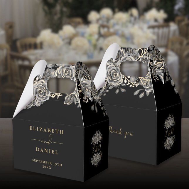 Monogramm für die gotische Schwarz-Gold-Rose Geschenkschachtel (Gothic Black And Gold Floral Rose Monogram Wedding Favor Boxes)