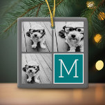 Monogramm für die graue und Aquamarine Fotomateria Keramikornament<br><div class="desc">Verwenden Sie 3 quadratische Fotos,  um ein einzigartiges und persönliches Geschenk zu schaffen.</div>