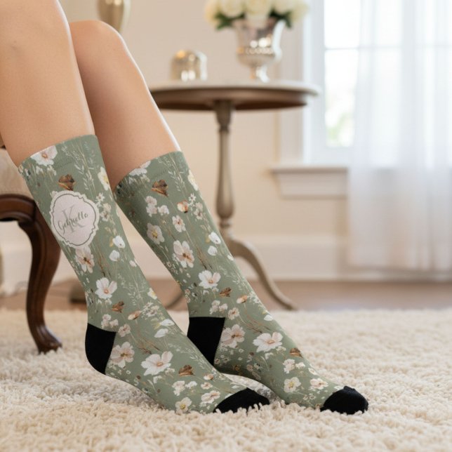 Monogramm für die grüne Wildblume des benutzerdefi Socken (Von Creator hochgeladen)
