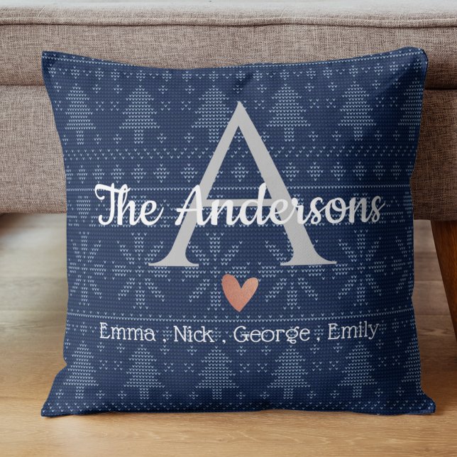 Monogramm für die Modellreihe "EleganBlue Strick" Kissen (Elegant Blue Knit Pattern Family Name Monogram Throw Pillow)