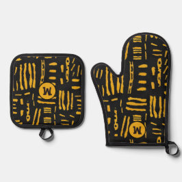 Monogramm für die schwarze schwarze Linie Ofenhandschuh & Topflappen-Set