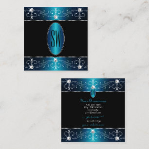 Monogramm für elegante, Aquamarin blaue Verzierte Quadratische Visitenkarte