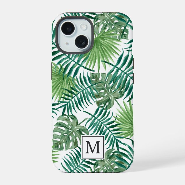 Monogramm für elegante grüne botanische Pal-Blätte iPhone 15 Hülle (Rückseite)