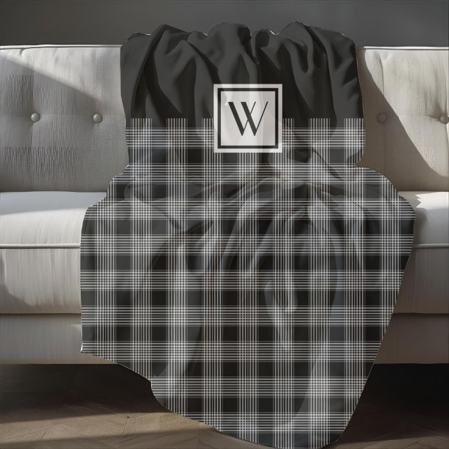 Monogramm für elegante Karierte Karos in Schwarz u Fleecedecke (Elegant Black And White Plaid Checks Monogram Fleece Blanket)
