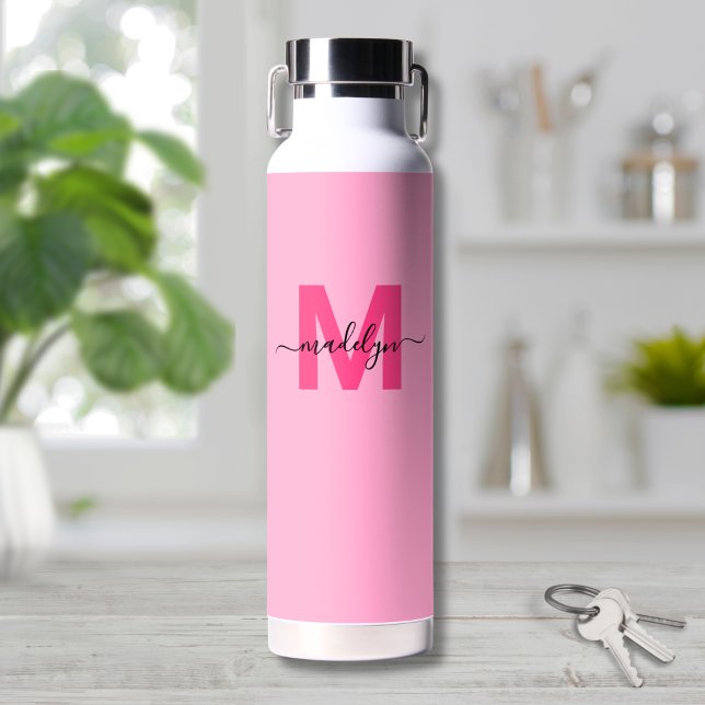 Monogramm für Girl-Hot-Pink-Name Trinkflasche (Girly Hot Pink Initial Script Name Monogram Water Bottle)
