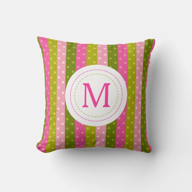 Monogramm für Girl-Rosa und grüne Polka-Dotstreife Kissen (Vorderseite)