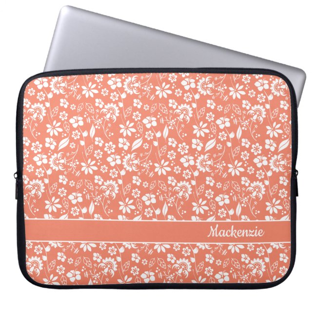Monogramm für Girly Coral Peach Tropical Blume Laptopschutzhülle (Vorderseite)