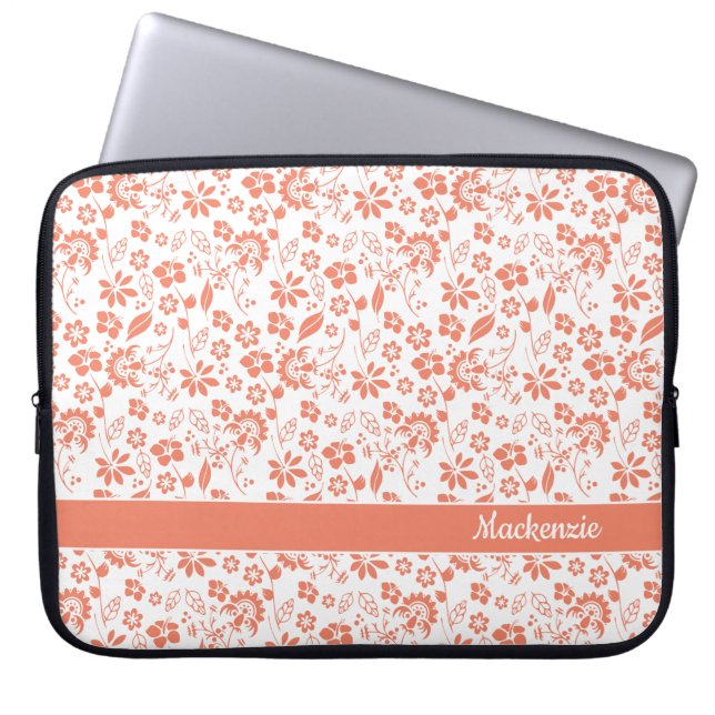 Monogramm für Girly Coral Peach Tropical Blume Laptopschutzhülle (Vorderseite)