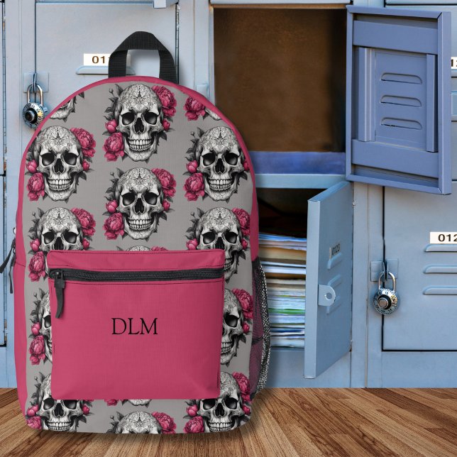 Monogramm für gotische Schädel und rosa Erdnüsse Bedruckter Rucksack (Von Creator hochgeladen)