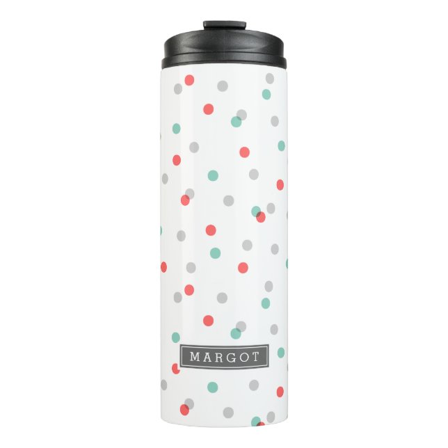 Monogramm für graue Aqua und Coral Confetti-Dots Thermosbecher (Vorderseite)