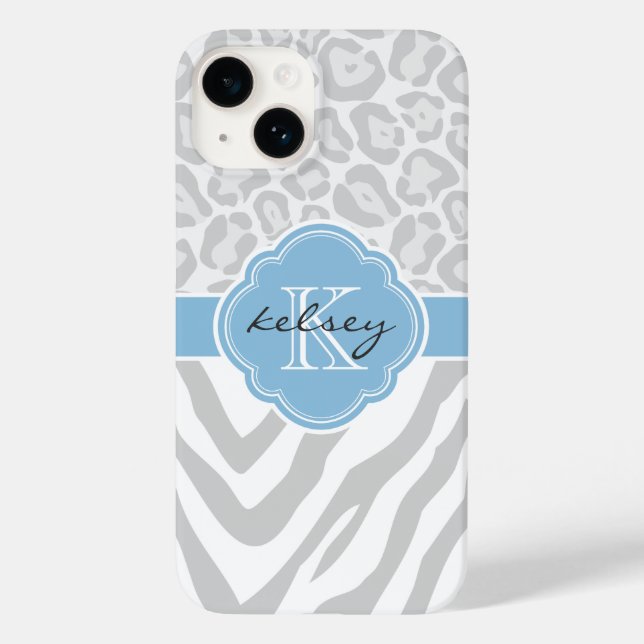 Monogramm für graue und Sky Blue Animal Print Case-Mate iPhone Hülle (Rückseite)