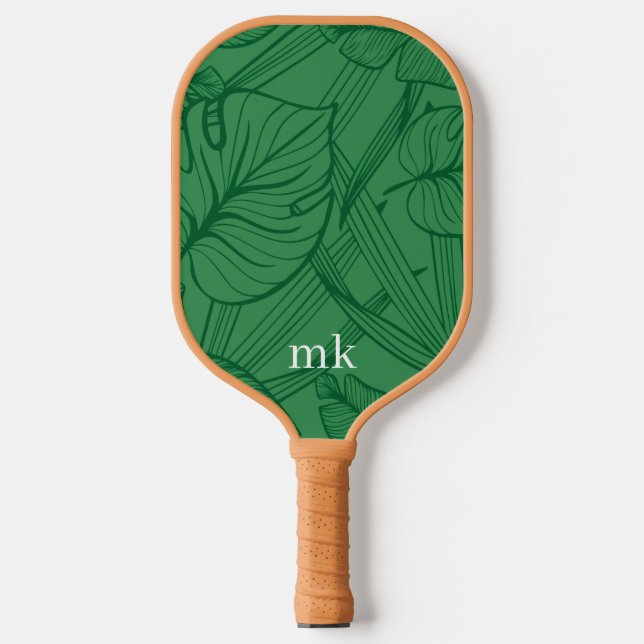 Monogramm für grüne tropische Blätter Pickleball Schläger (Vorderseite)