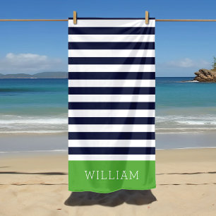 Monogramm für grüne und Marine Streifen Strandtuch